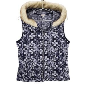 Talbots Sweater Vest Womens Medium Blue White Snowflake Faux Fur Trim Hooded Top